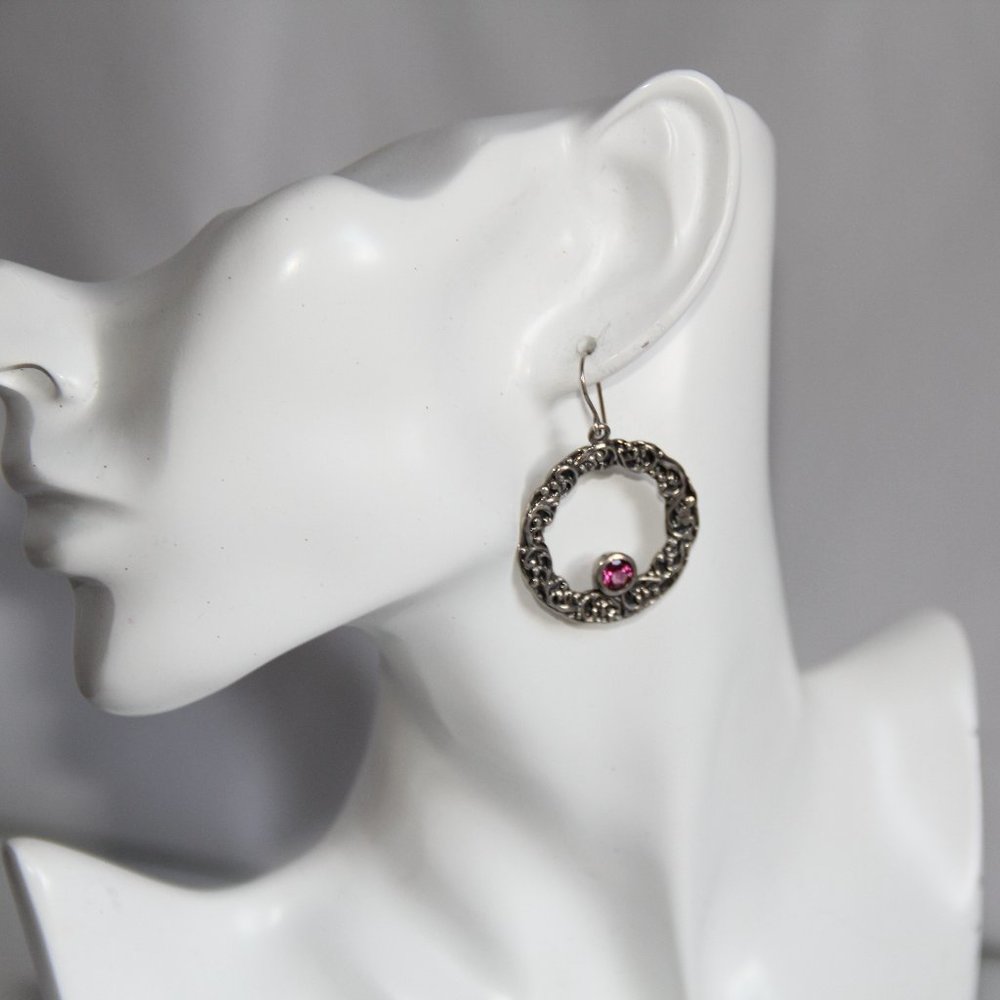 Israel Sterling Silver Garnet Scroll Earrings
